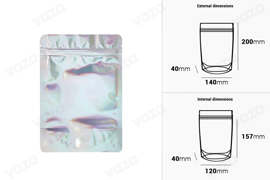 Σακουλάκια αλουμινίου τύπου Doy Pack 140x40x200 mm, με κλείσιμο "zip" και δυνατότητα σφράγισης με θερμοκόλληση - 50 τμχ Σακουλάκια αλουμινίου τύπου Doy Pack 140x40x200 mm, με κλείσιμο "zip" και δυνατότητα σφράγισης με θερμοκόλληση - 50 τμχ-εικόνα_διαστάσεις