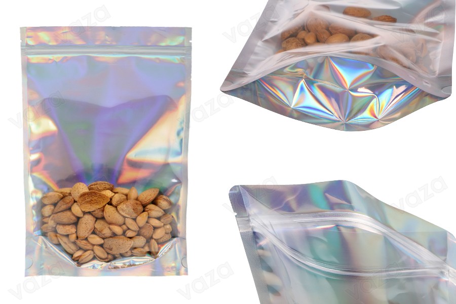 Aluminiumbeutel vom Typ Doy Pack 200x50x300 mm, transparent mit Reißverschluss und Möglichkeit zum Versiegeln mit Heißsiegelung  - 50 Stück-produktbild