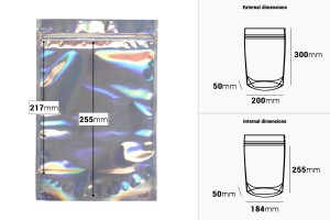 Aluminiumbeutel vom Typ Doy Pack 200x50x300 mm, transparent mit Reißverschluss und Möglichkeit zum Versiegeln mit Heißsiegelung  - 50 Stück-εικόνα_διαστάσεις