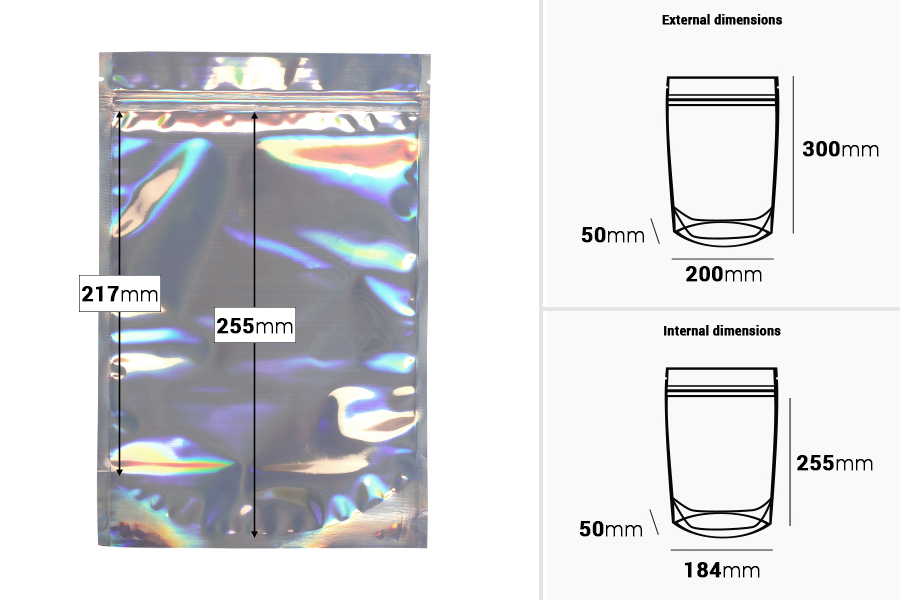 Σακουλάκια αλουμινίου τύπου Doy Pack 200x50x300 mm , διάφανα μπροστά με κλείσιμο "zip" και δυνατότητα σφράγισης με θερμοκόλληση - 50 τμχ-εικόνα_διαστάσεις