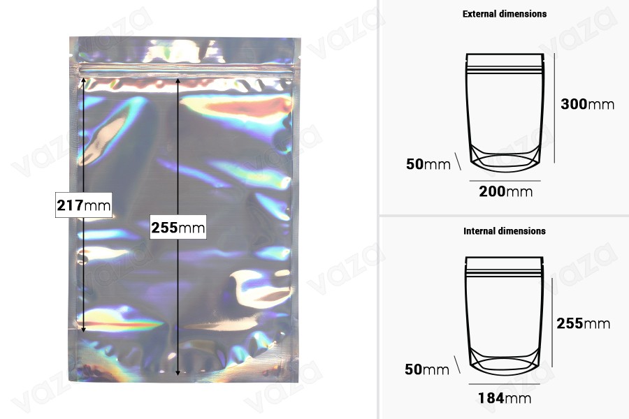 Aluminiumbeutel vom Typ Doy Pack 200x50x300 mm, transparent mit Reißverschluss und Möglichkeit zum Versiegeln mit Heißsiegelung  - 50 Stück-bildabmessungen