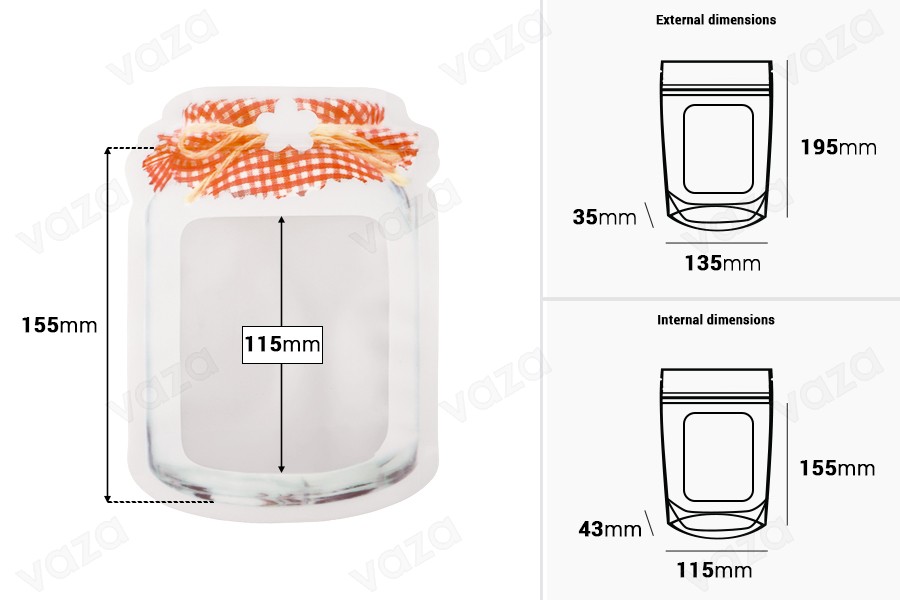Beutel vom Typ Doy Pack in Form eines Glases 135x35x195mm mit "Reißverschluss" - 50 Stück Beutel vom Typ Doy Pack in Form eines Glases 135x35x195mm mit "Reißverschluss" - 50 Stück-bildabmessungen