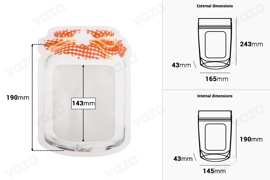 Doy Pack-Taschen in Form eines Glases 165x43x243 mm mit Reißverschluss; - 50 Stück Doy Pack-Taschen in Form eines Glases 165x43x243 mm mit Reißverschluss; - 50 Stück-bildabmessungen