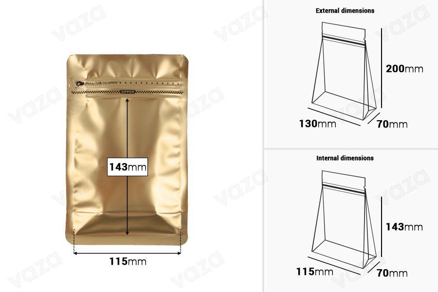 Sacchetti in alluminio tipo Doy Pack 130x70x200 mm termosaldabili con nastro sigillante e uso di cerniera -25 pz Sacchetti in alluminio tipo Doy Pack 130x70x200 mm termosaldabili con nastro sigillante e uso di cerniera -25 pz-dimensioni_immagine