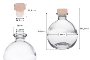 Bottiglia sferica in vetro da 250 ml con tappo in silicone con testa in legno-εικόνα_διαστάσεις