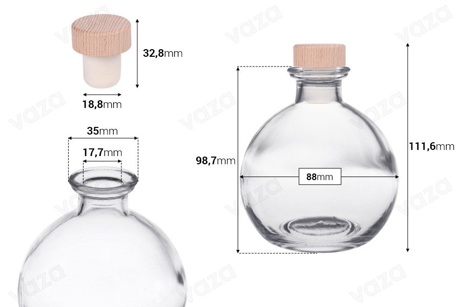 Γυάλινο σφαιρικό μπουκάλι 250 ml με φελλό σιλικόνης με ξύλινη κεφαλή-εικόνα_διαστάσεις