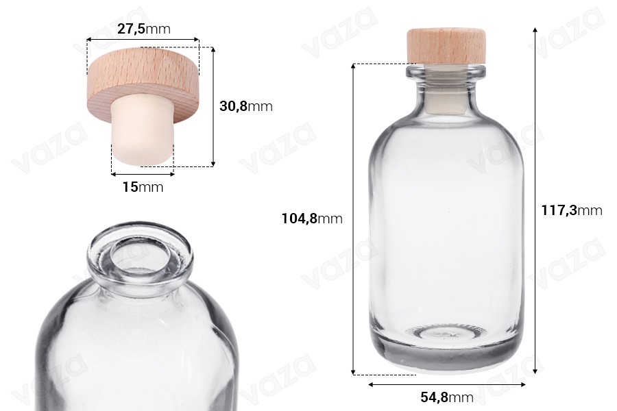 100ml transparent glass bottle with silicone cork with wooden head-image_dimensions