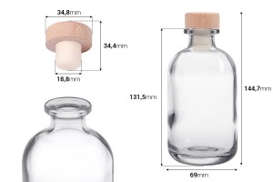 Flacon en verre transparent de 250 ml avec bouchon en silicone et tête en bois-photo_dimensions