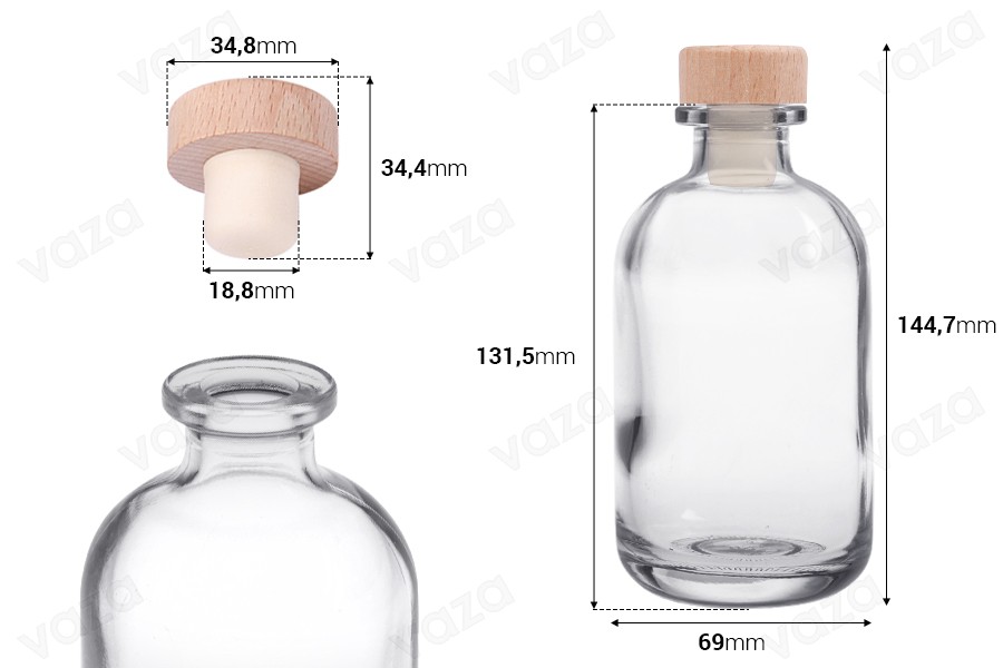 250 ml transparente Glasflasche mit Silikonkorken mit Holzkopf 250 ml transparente Glasflasche mit Silikonkorken mit Holzkopf-bildabmessungen