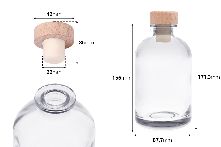 Flacon en verre transparent de 500 ml avec bouchon en silicone et tête en bois Flacon en verre transparent de 500 ml avec bouchon en silicone et tête en bois-photo_dimensions