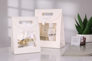 Paper gift bag 190x90x240 mm in white color with self-adhesive closure, window and bow - 12 pcs-εικόνα_σύνθεση