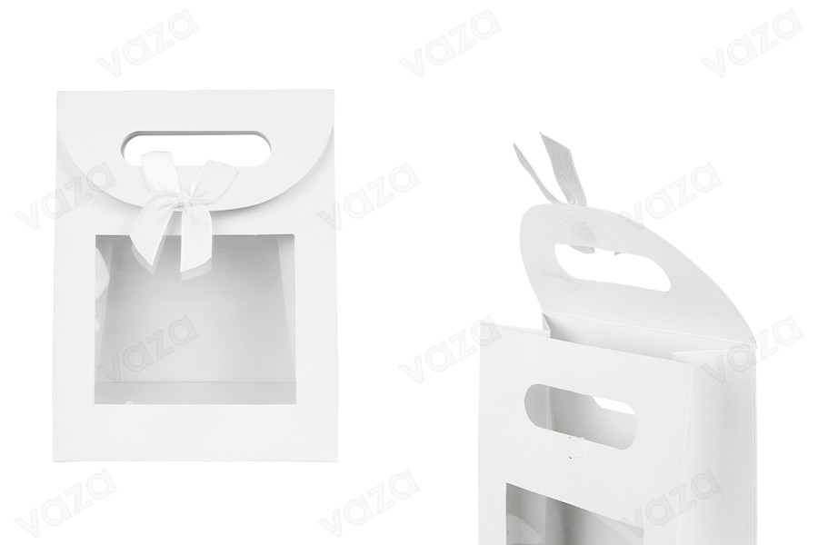 Paper gift bag 150x70x200 mm in white color with self-adhesive closure, window and bow - 12 pcs-photo_produit