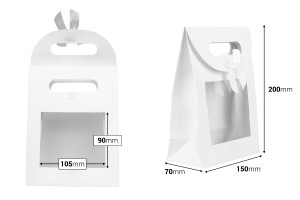 Paper gift bag 150x70x200 mm in white color with self-adhesive closure, window and bow - 12 pcs-εικόνα_διαστάσεις