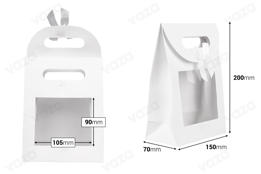 Paper gift bag 150x70x200 mm in white color with self-adhesive closure, window and bow - 12 pcs-photo_dimensions