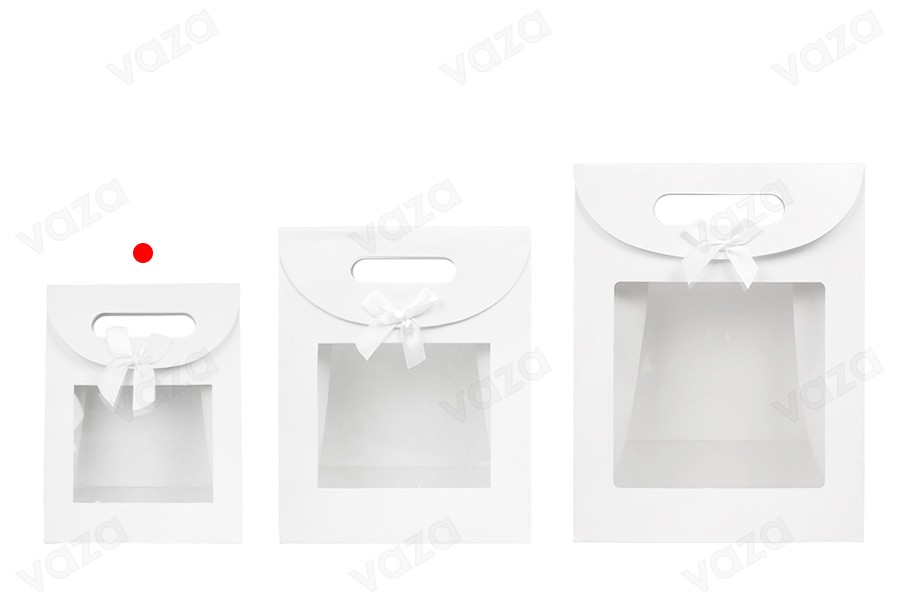 Paper gift bag 150x70x200 mm in white color with self-adhesive closure, window and bow - 12 pcs-photo_groupe