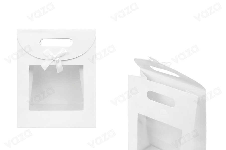 Paper gift bag 190x90x240 mm in white color with self-adhesive closure, window and bow - 12 pcs Paper gift bag 190x90x240 mm in white color with self-adhesive closure, window and bow - 12 pcs-image_product