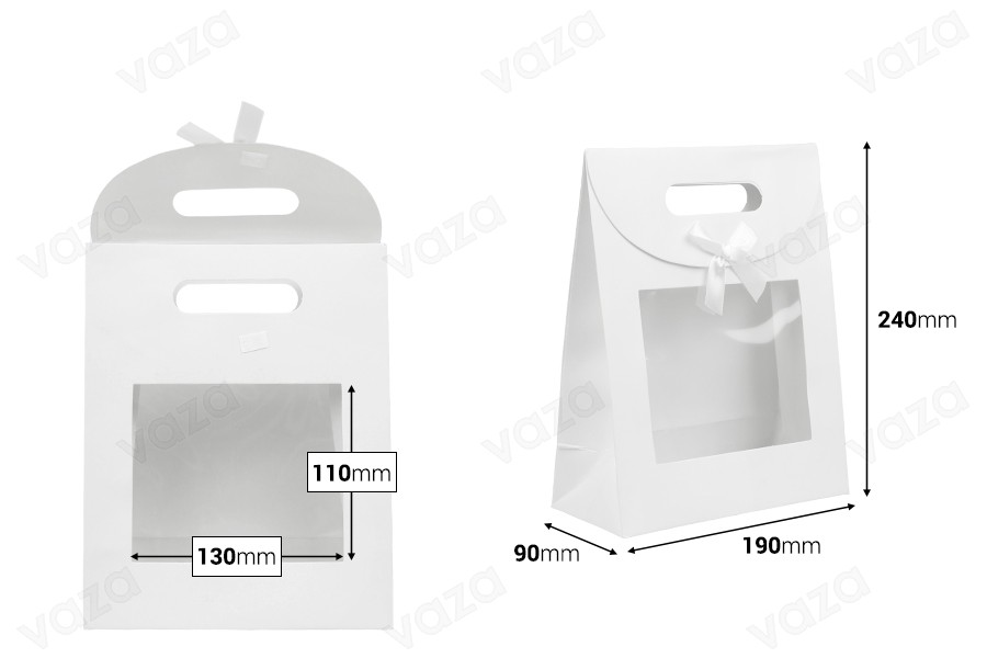 Paper gift bag 190x90x240 mm in white color with self-adhesive closure, window and bow - 12 pcs Paper gift bag 190x90x240 mm in white color with self-adhesive closure, window and bow - 12 pcs-image_dimensions