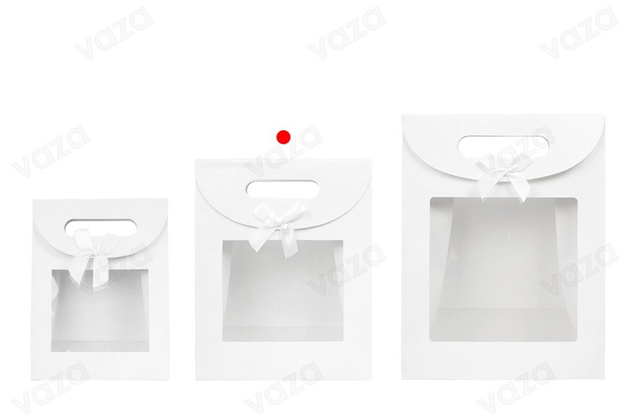 Paper gift bag 190x90x240 mm in white color with self-adhesive closure, window and bow - 12 pcs Paper gift bag 190x90x240 mm in white color with self-adhesive closure, window and bow - 12 pcs-image_group