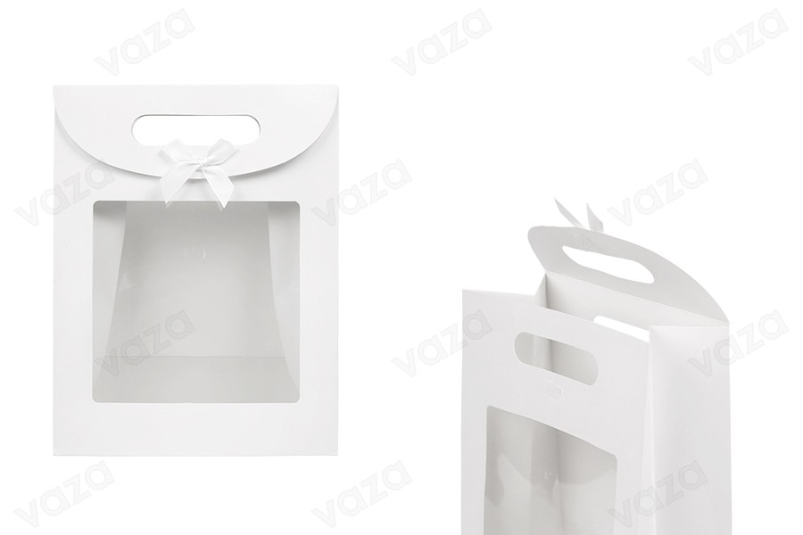 Qese dhurate prej letre 220x120x290 mm, në ngjyrë të bardhë, me mbyllje velcro,  me dritare dhe fjongo – 12 copë.-imazh_produkt