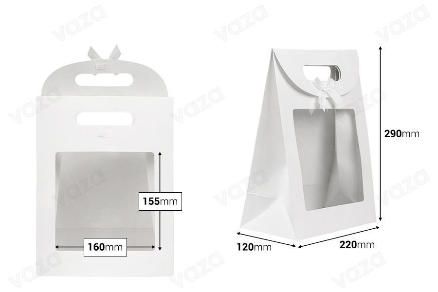 Qese dhurate prej letre 220x120x290 mm, në ngjyrë të bardhë, me mbyllje velcro,  me dritare dhe fjongo – 12 copë.-imazh_dimensione