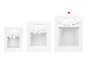 Paper gift bag 220x120x290 mm in white color with self-adhesive closure, window and bow - 12 pcs-photo_groupe