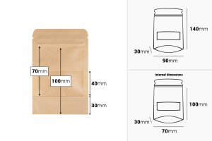 Standbodenbeutel aus Kraftpapier mit Sichtfenster und Druckverschluss, verschließbar 90x30x140mm - 100 Stücke-εικόνα_διαστάσεις