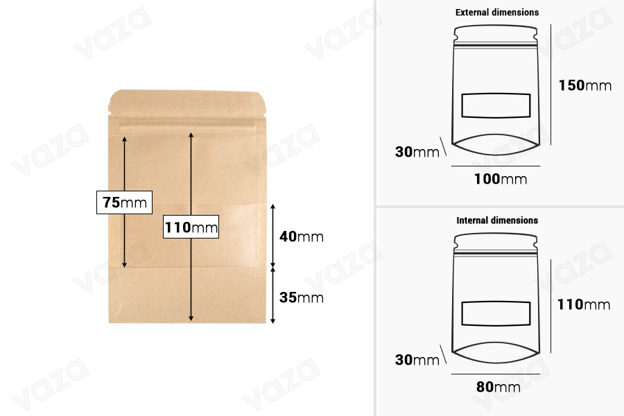 Standbodenbeutel aus Kraftpapier 100x30x150mm mit Sichtfenster und Druckverschluss, verschließbar - 100 Stücke-bildabmessungen