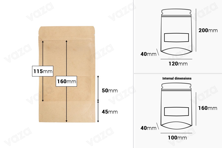 Doypack stand-up pouch kraft 120x40x200 mm with a zipper, window, a transparent inside and outside layer, also heat sealable - 100 pcs Doypack stand-up pouch kraft 120x40x200 mm with a zipper, window, a transparent inside and outside layer, also heat sealable - 100 pcs-εικόνα_διαστάσεις
