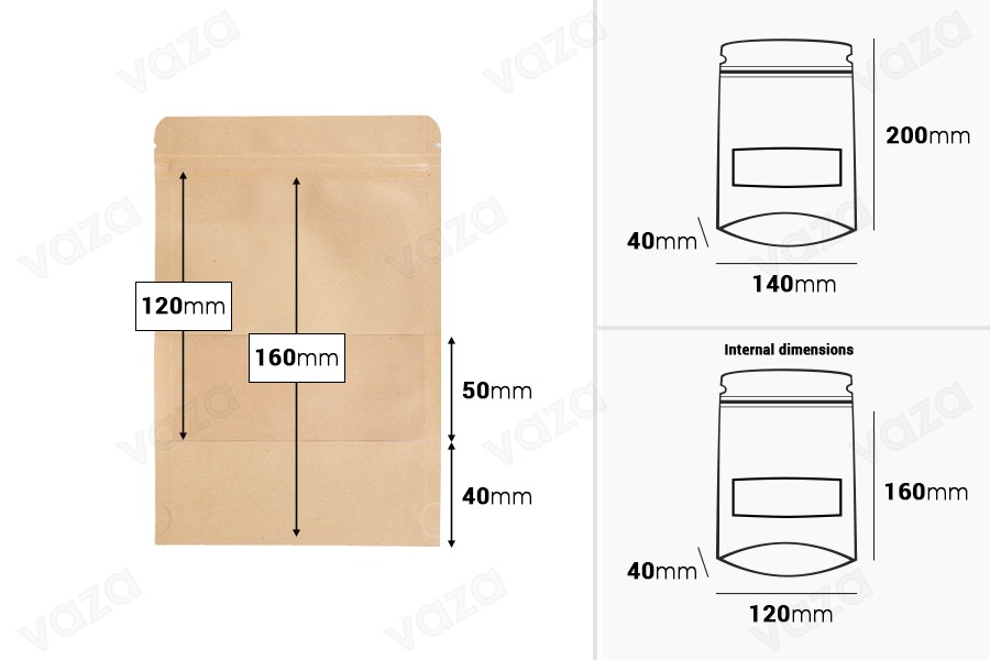 Standbodenbeutel aus Kraftpapier mit Sichtfenster und Druckverschluss, verschließbar 140x40x200mm - 100 Stücke-bildgruppe