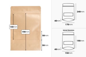 Standbodenbeutel aus Kraftpapier 170x40x240mm mit Sichtfenster und Druckverschluss, verschließbar - 100 Stücke-εικόνα_διαστάσεις