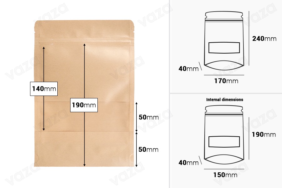 Standbodenbeutel aus Kraftpapier 170x40x240mm mit Sichtfenster und Druckverschluss, verschließbar - 100 Stücke Standbodenbeutel aus Kraftpapier 170x40x240mm mit Sichtfenster und Druckverschluss, verschließbar - 100 Stücke-εικόνα_διαστάσεις