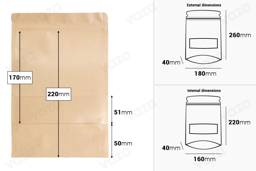 Sachets en papier kraft de type Doypack 180x40x260 mm, avec fermeture zip et fenêtre, revêtement intérieur et extérieur transparent et possibilité de fermeture par thermoscellage - 100 pcs-εικόνα_διαστάσεις