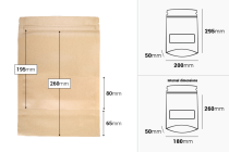 Sachet Doypack kraft 200x50x295 mm avec fermeture éclair et fenêtre, une couche intérieure et extérieure transparente, également thermoscellable - 100 pcs-photo_dimensions