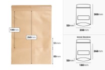 Qese kraft të tipit Doy Pack 200 × 50 × 300 mm, me mbyllje zip, dritare, veshje të brendshme dhe të jashtme transparente dhe mundësi mbylljeje termike – 100 copë-εικόνα_διαστάσεις