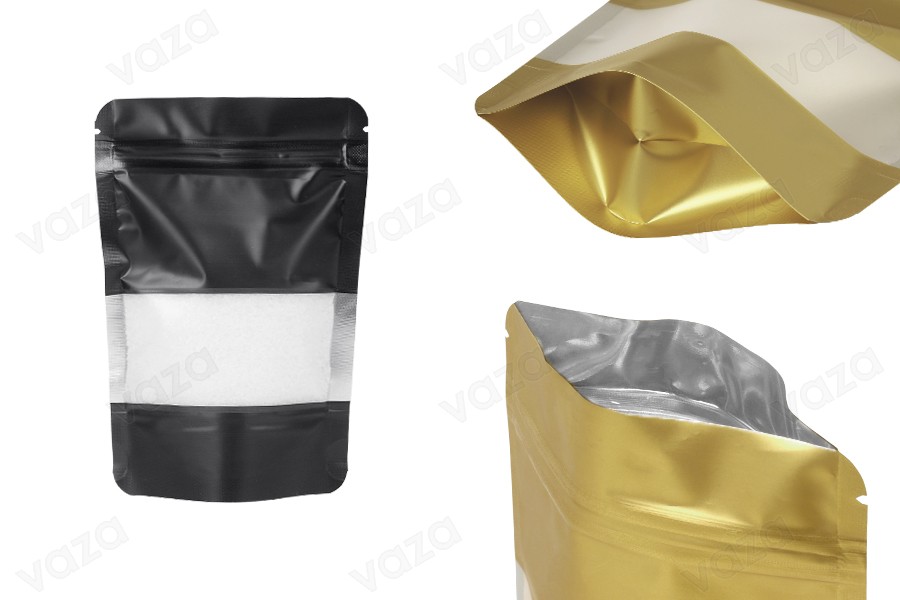 Σακουλάκια αλουμινίου τύπου Doy Pack 100x30x145 mm, με κλείσιμο "zip", παράθυρο και δυνατότητα σφράγισης με θερμοκόλληση  - 100 τμχ-εικόνα_προϊοντική