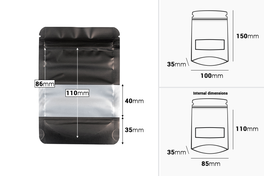 Doy Pack aluminum bags 100x30x145 mm, with "zip" closure, window and possibility of sealing with heat sealing - 100 pcs.-image_dimensions