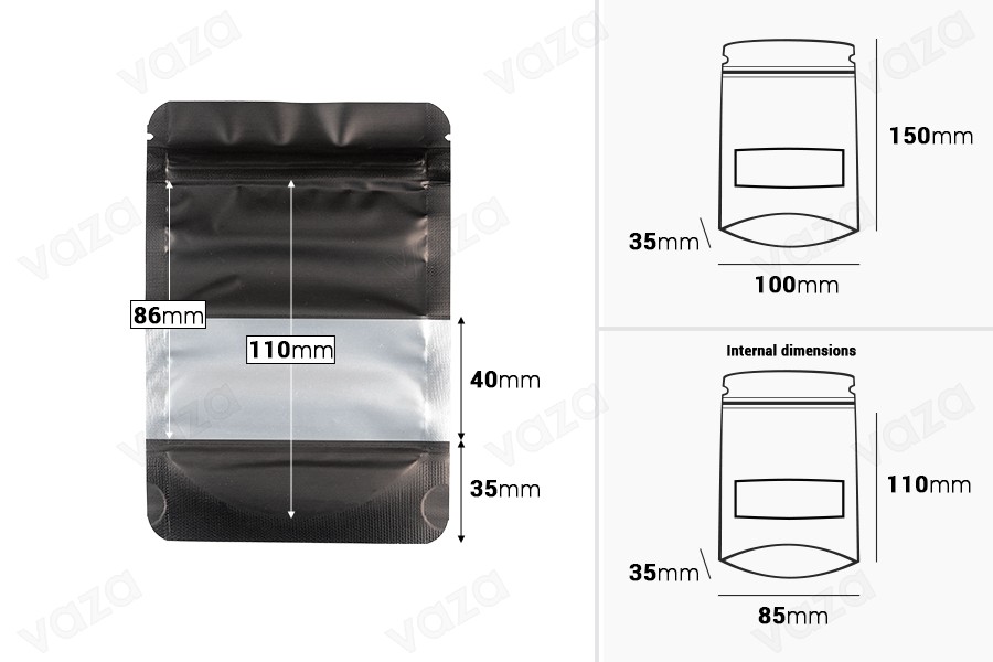 Σακουλάκια αλουμινίου τύπου Doy Pack 100x30x145 mm, με κλείσιμο "zip", παράθυρο και δυνατότητα σφράγισης με θερμοκόλληση  - 100 τμχ-εικόνα_διαστάσεις