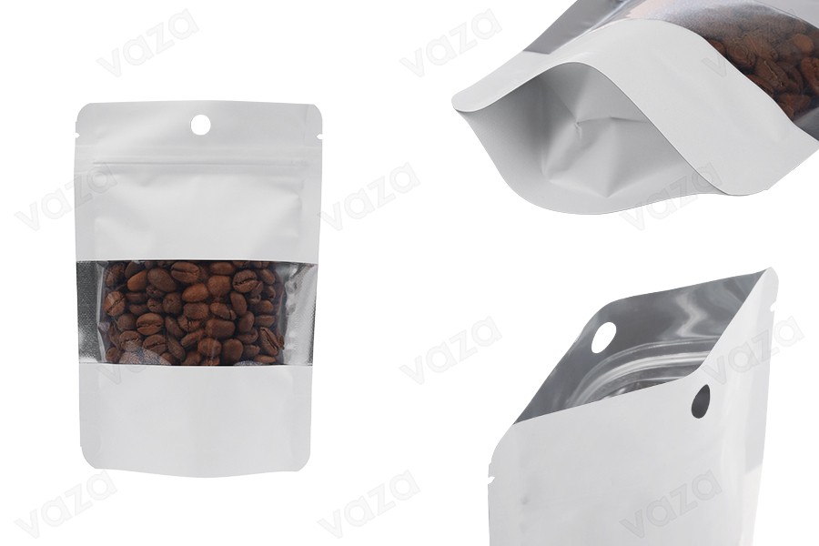 Doy Pack aluminum white bags 100x30x145 mm with "zip" closure, hole, window and possibility of sealing with heat sealing - 100 pcs.-image_product