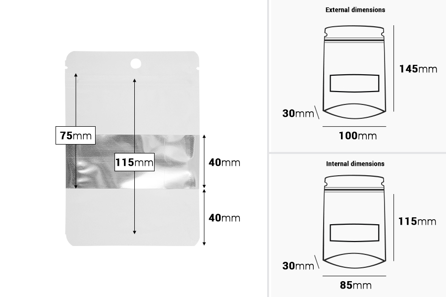 Σακουλάκια αλουμινίου τύπου Doy Pack 100x30x145 mm λευκά με κλείσιμο "zip", τρύπα, παράθυρο και δυνατότητα σφράγισης με θερμοκόλληση - 100 τμχ Σακουλάκια αλουμινίου τύπου Doy Pack 100x30x145 mm λευκά με κλείσιμο "zip", τρύπα, παράθυρο και δυνατότητα σφράγισης με θερμοκόλληση - 100 τμχ -εικόνα_διαστάσεις