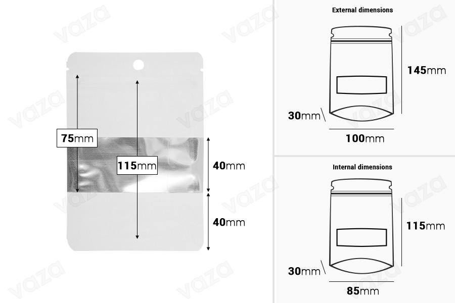 Doy Pack aluminum white bags 100x30x145 mm with "zip" closure, hole, window and possibility of sealing with heat sealing - 100 pcs.-image_dimensions