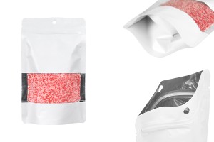 Weiße Aluminiumbeutel vom Typ Doy Pack, 120 x 40 x 200 mm, mit Reißverschluss, Sichtfenster und Heißsiegelmöglichkeit - 100 Stück.-produktbild