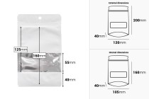 Qese alumini të bardha të tipit Doy Pack 120x40x200 mm, me zipe, dritare dhe mundësi vulosjeje me izolim termik - 100 copë. Qese alumini të bardha të tipit Doy Pack 120x40x200 mm, me zipe, dritare dhe mundësi vulosjeje me izolim termik - 100 copë.-imazh_dimensione