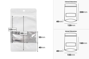 Weiße Aluminiumbeutel vom Typ Doy Pack, 120 x 40 x 200 mm, mit Reißverschluss, Sichtfenster und Heißsiegelmöglichkeit - 100 Stück.-bildabmessungen