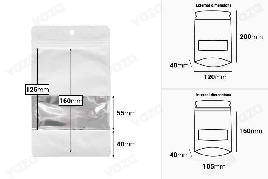 Qese alumini të bardha të tipit Doy Pack 120x40x200 mm, me zipe, dritare dhe mundësi vulosjeje me izolim termik - 100 copë. Qese alumini të bardha të tipit Doy Pack 120x40x200 mm, me zipe, dritare dhe mundësi vulosjeje me izolim termik - 100 copë.-imazh_dimensione