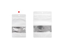 Qese alumini të bardha të tipit Doy Pack 120x40x200 mm, me zipe, dritare dhe mundësi vulosjeje me izolim termik - 100 copë. Qese alumini të bardha të tipit Doy Pack 120x40x200 mm, me zipe, dritare dhe mundësi vulosjeje me izolim termik - 100 copë.-imazh_grup