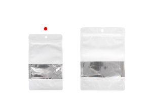 Weiße Aluminiumbeutel vom Typ Doy Pack, 120 x 40 x 200 mm, mit Reißverschluss, Sichtfenster und Heißsiegelmöglichkeit - 100 Stück.-bildgruppe