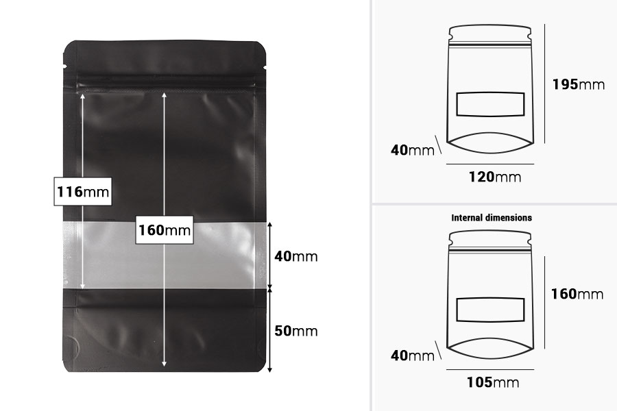 Σακουλάκια αλουμινίου τύπου Doy Pack 120x40x195 mm, με κλείσιμο "zip", παράθυρο και δυνατότητα σφράγισης με θερμοκόλληση - 100 τμχ-εικόνα_διαστάσεις