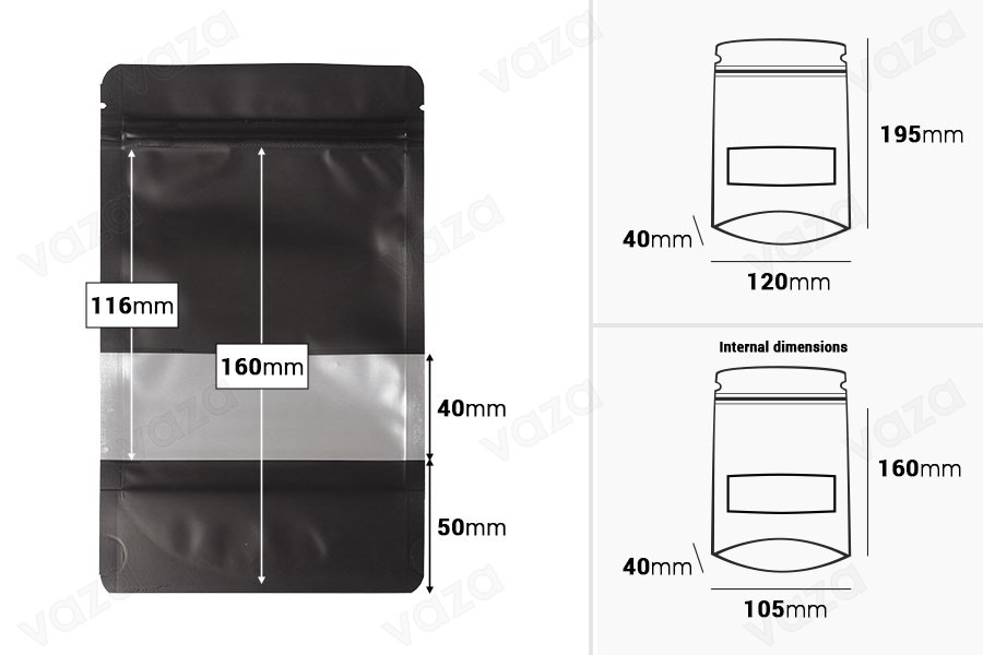 Sachets en aluminium de type Doy Pack 120x40x195 mm, avec fermeture "zip", fenêtre et thermoscellable - 100 pcs Sachets en aluminium de type Doy Pack 120x40x195 mm, avec fermeture "zip", fenêtre et thermoscellable - 100 pcs-photo_dimensions