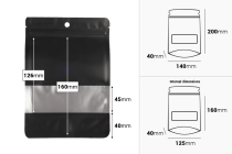 Aluminum bags 140x40x200 mm Doy Pack type with "zip" closure, window and possibility of sealing with heat sealing - 100 pcs.-εικόνα_διαστάσεις