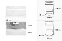 Weiße Aluminiumbeutel vom Typ Doy Pack, 150 x 40 x 220 mm, mit Reißverschluss, Sichtfenster und Heißsiegelmöglichkeit - 100 Stück. Weiße Aluminiumbeutel vom Typ Doy Pack, 150 x 40 x 220 mm, mit Reißverschluss, Sichtfenster und Heißsiegelmöglichkeit - 100 Stück.-bildabmessungen